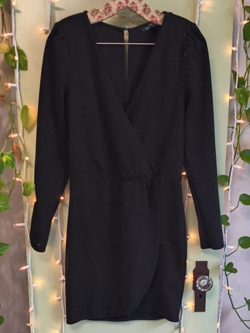 Women's Speechless Black Summer Sparkle Glimmer Long Sleeve Wrap Dress L